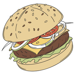 Delicious burger with sesame bun and fresh ingredients