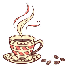 Coffee cup with steam and beans saucer coffee beans