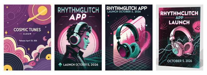 Colorful retro-inspired graphics promoting the 'RhythmGlitch App' launch, featuring headphones and vibrant cosmic themes.