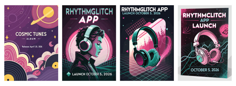 Colorful retro-inspired graphics promoting the 'RhythmGlitch App' launch, featuring headphones and vibrant cosmic themes.