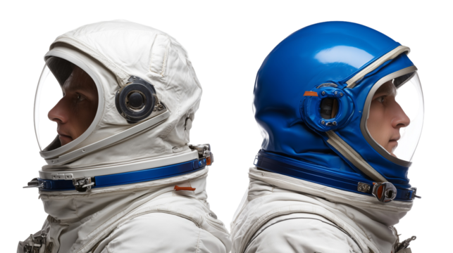 Two astronauts in space suits side by side