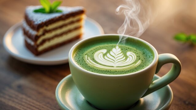A cup of hot green matcha latte with latte art, accompanied by a slice of layered chocolate cake on a white plate on a wooden table.