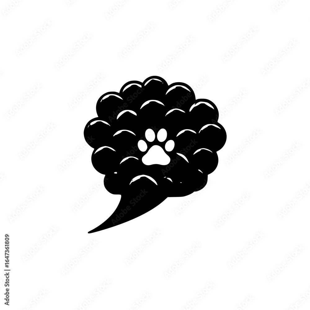 Poster chat bubble icon with small paw print symbol for pet communication veterinary and messaging app