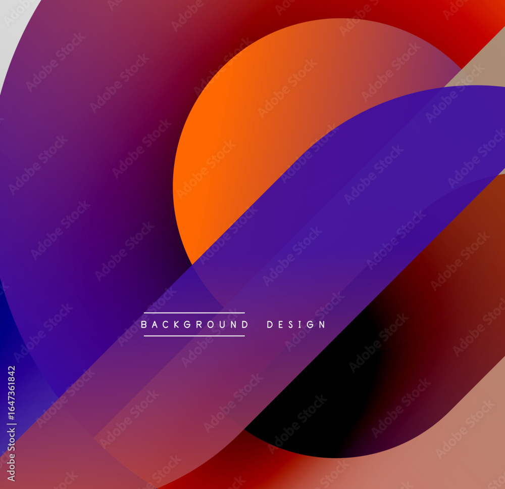 Poster abstract gradients overlap, creating dynamic visual effect. warm orange contrasts cool purple tones.