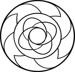 Black and white vector illustration of a snail-like swirl pattern with a decorative flower design