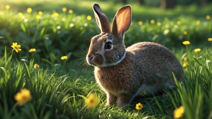 Fototapeta premium A rabbit in a field of yellow flowers with green grass and blurred background. Nature and wildlife, animals, outdoor scene. The peaceful habitat of a rabbit.
