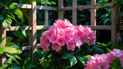 Fototapeta premium Pink hydrangea flowers in a garden with green leaves and a wooden trellis.
