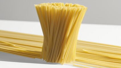 A bundle of uncooked spaghetti pasta standing upright with a few strands spread out on the surface.