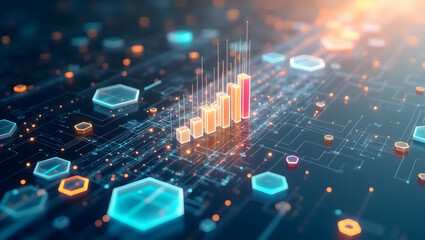 Futuristic Financial Graphs and Data Visualization with Hexagonal Elements

