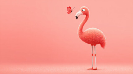 Flamingo cartoon, A whimsical illustration of a flamingo interacting with a butterfly on a soft pink background.