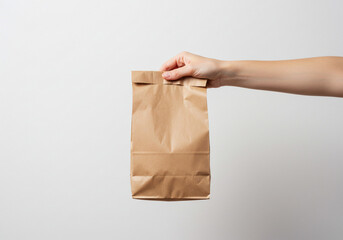A hand holding a closed brown paper bag against a plain white background in a studio shot