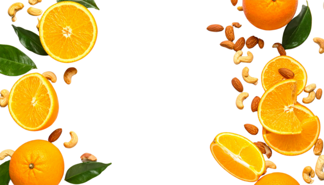 A vibrant frame of fresh orange and lemon slices creates a healthy, juicy citrus border on a white background