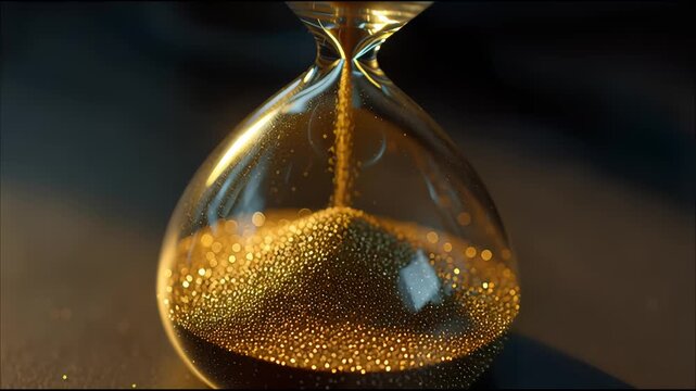 Last seconds flowing in hourglass standing at evening shadow closeup. Gold sand running inside transparent clock measuring time indoors. Elegant glass egg timer showing countdown on table surface.