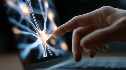 A glowing neural network emerging from a laptop screen