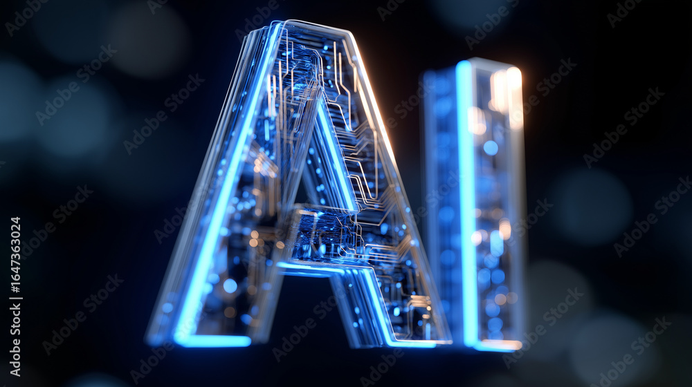 Poster 3d blue ai letters with circuitry and binary data flowing