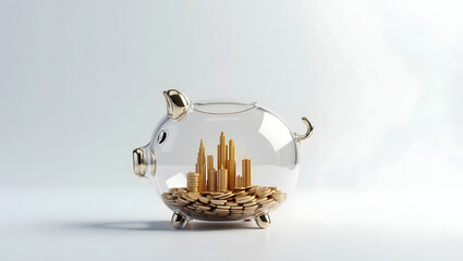 Transparent Piggy Bank with Gold Coin City Inside

