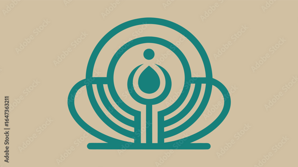 Poster teal abstract symbol with curved lines and droplet shape on beige background geometric
