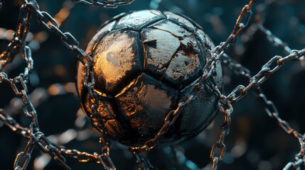 Abstract rendering of a worn soccer ball entangled in weathered metallic chains