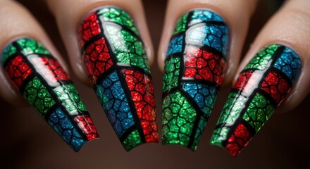 Beautiful stained glass nail art with vibrant red, green, and blue patterns