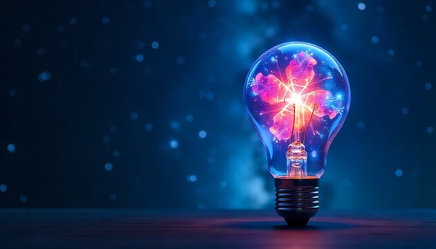 Illuminated light bulb showcasing creativity and innovation against a cosmic backdrop symbolizing the spark of ingenuity and forward thinking conceptual idea generation