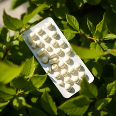 Blister pack of white pills surrounded by green leaves and sunlight shadows