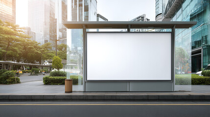 Fototapeta premium A blank billboard stands at a bus stop amidst a cityscape