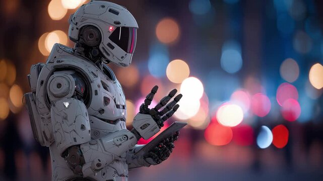 Cyborg in city setting, checks their tablet. The street lights glow soft around them. The future looks like its here.