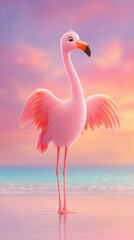 Fototapeta premium Flamingo cartoon, A whimsical pink flamingo stands gracefully by the water at sunset.