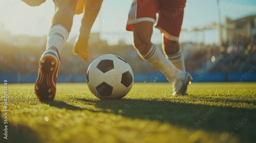 Poster dynamic soccer match: close-up of players in action on the field under sunlight