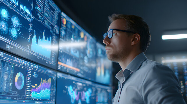 System administrator wearing glasses is analyzing data graphs and metrics related to sofc performance and production efficiency on a wall of digital displays in a high tech control room