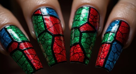 Creative Stained Glass Nail Art Design with Vibrant Red, Green, and Blue Colors