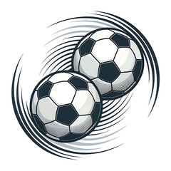 Obraz premium Two unique flying logo type soccer balls, stylized and outlined in black and white are depicted in motion on white background. 