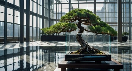 A bonsai tree in a glass case inside a modern building with large windows and marble floors