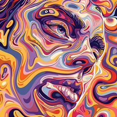 Obraz premium A colorful psychedelic digital illustration of a human face with swirling patterns and vibrant colors. The artwork represents creativity, imagination, abstract thinking, and modern digital art style.