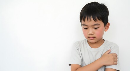 Sad young Asian boy with a pensive expression looking down against a white background.
