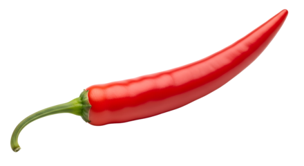 A vibrant red chili pepper with a curved shape, displaying a fresh and ripe appearance with a green stem, ready to be harvested