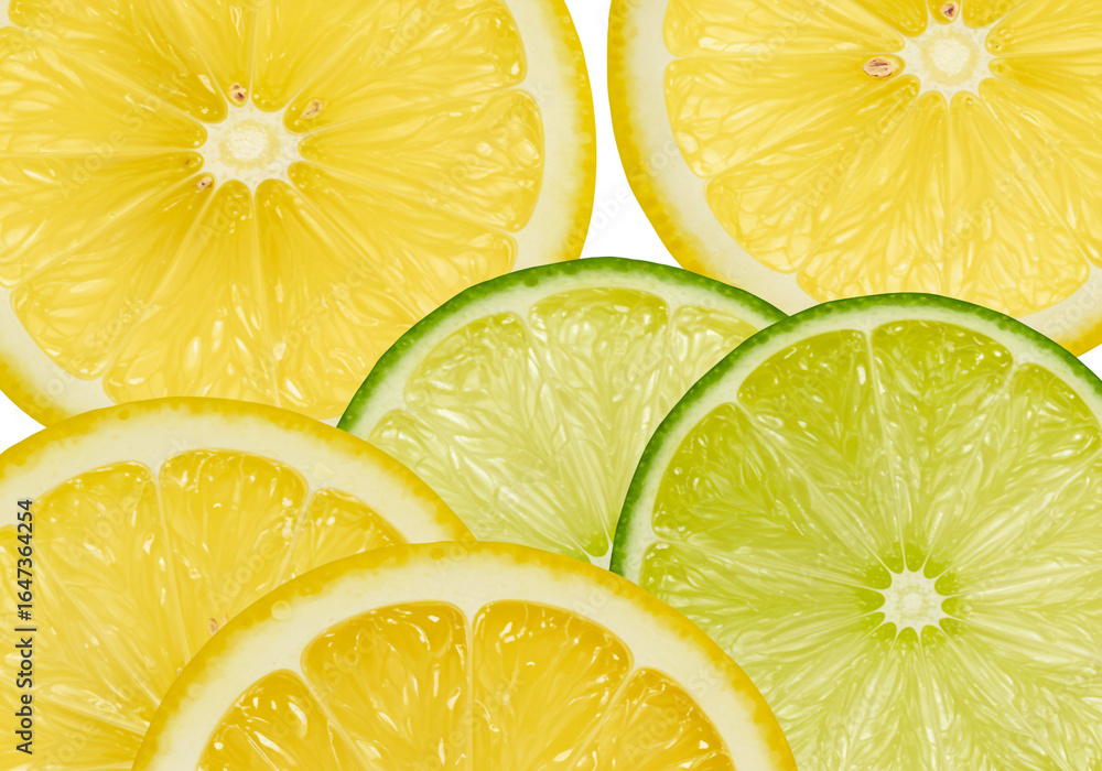 Poster close up view of lemon and lime slices arranged together on a white background creating a pattern