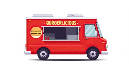 Red Food Truck with Burger Graphic Isolated on White Background