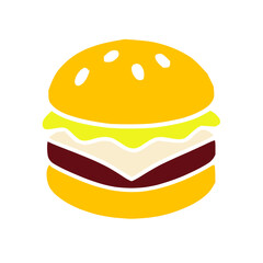 a stylized hamburger with a yellow bun topped with white sesame seeds. Inside