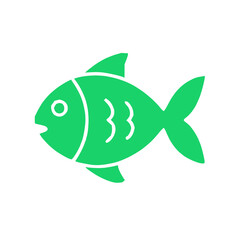 A simple, green fish illustration with a solid color fill on a white background. The fish features a rounded body, triangular dorsal and tail fins, and simple lines representing gills. The eye is a sm