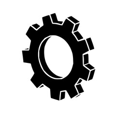 Black and white illustration of a gear, symbolizing settings or mechanical functions. The gear has a circular center with eight evenly spaced teeth projecting outward. Its clean, bold lines create a s