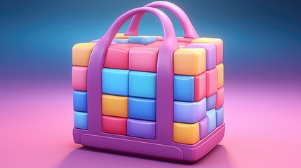 A playful shopping bag built from colorful toy blocks, symbolizing fun and retail creativity.