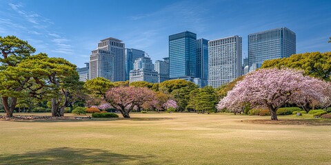 Obraz premium 東京の公園、桜と近代的高層ビル群