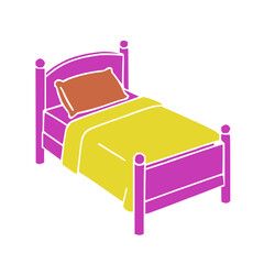 Single bed illustration with a vivid, stylized design. The bed frame is magenta, featuring