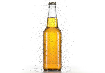 A refreshing beer bottle with condensation droplets on a white background creating a cool effect