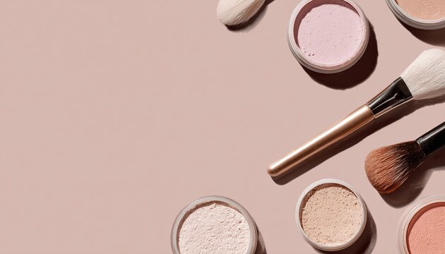 COMPOSIZIONE PIATTA DI COSMETICI: CIPRIE, PENNELLI E SPAZIO VUOTO