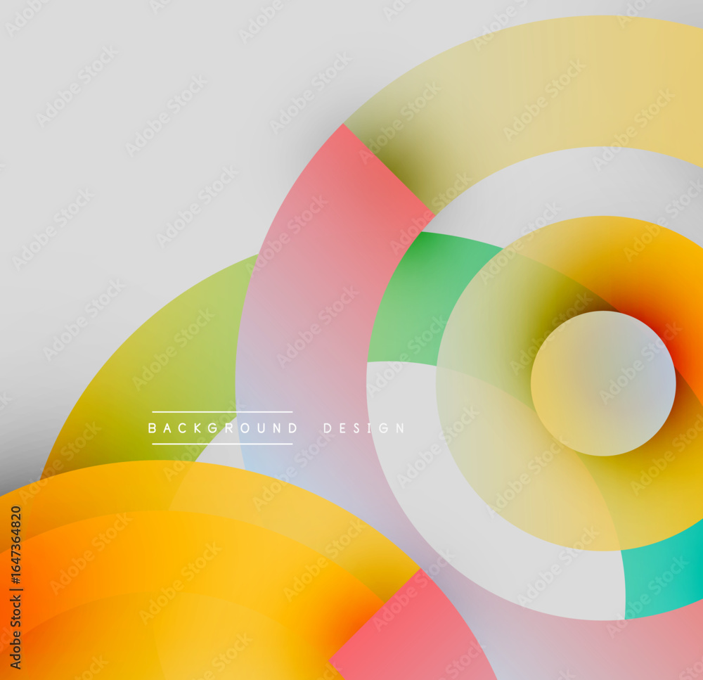 Poster abstract colorful circles overlap, creating dynamic visual effect. soft gradients blend hues, formin
