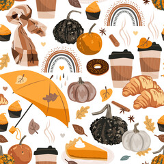 Hand drawn Fall seamless pattern with Autumn sweets, cute pumpkins, and Autumn leaves. Vector illustration