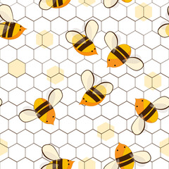 Cute cartoon honey bees on honeycombs seamless pattern. Vector background illustration