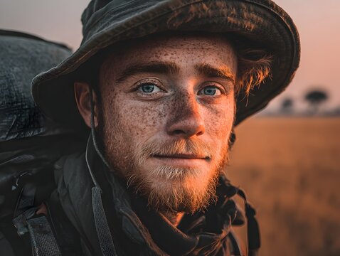 Freckled young male adventurer with backpack is smiling warmly against a sunset landscape background view. - Powered by Adobe
